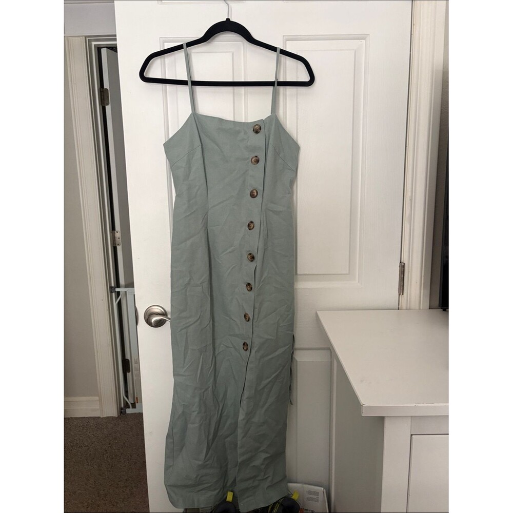 Sage Green Button-Front Midi Dress with Spaghetti Straps